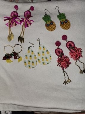 Pink Beaded Tropical Drop Earrings with Gold Accents